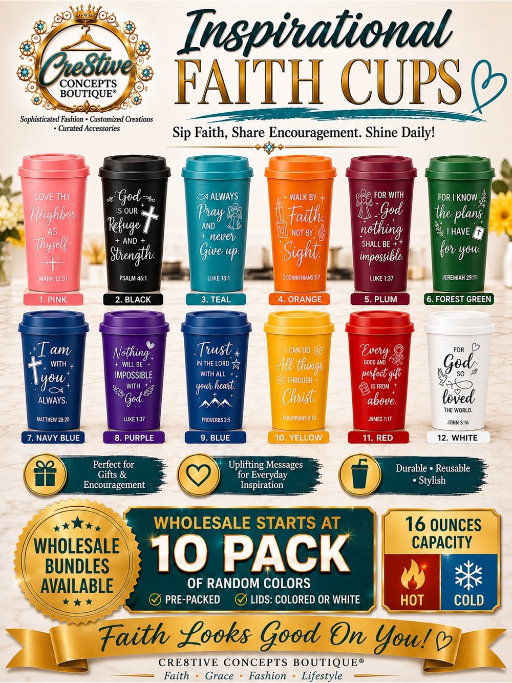 Inspirational 16 oz Hot/Cold Reusable Faith Cups~10pk/Wholesale Bundle